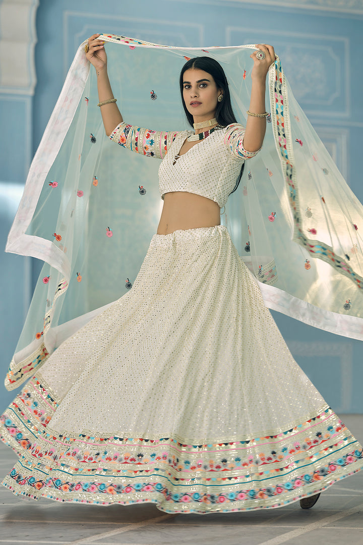 White Embroidered Georgette Semi Stitched Lehenga | Sequins for Wedding