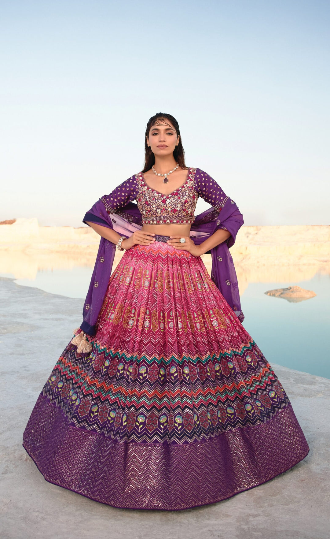 Chiffon shaded pink and purple lehenga choli, designed for elegance and ideal for weddings and festive celebrations.