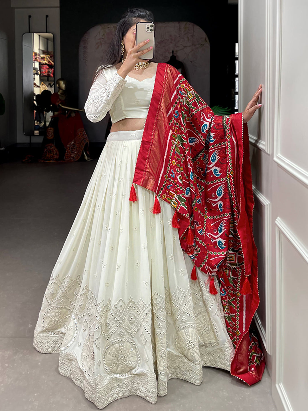 Adorable Off-White Mirror Work Georgette Festival Wear Lehenga Choli