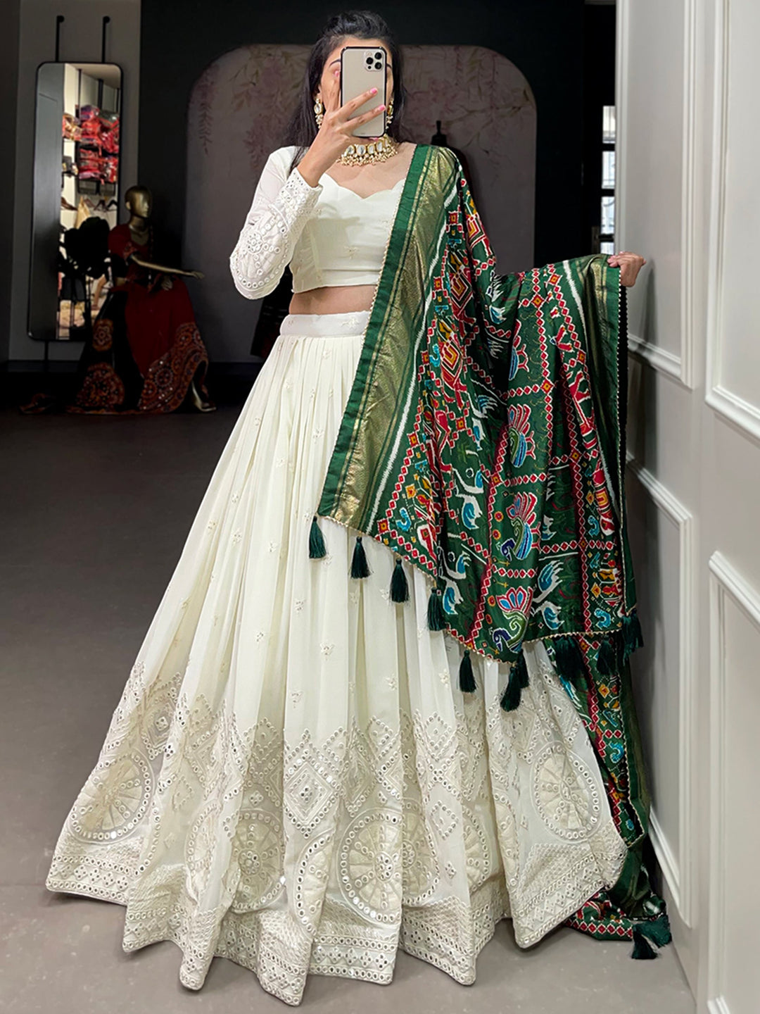 LovelyÃƒâ€šÃ‚Â Off-White Mirror Work Georgette Traditional Lehenga Choli