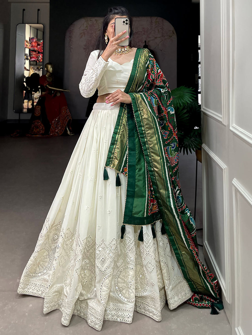 LovelyÃƒâ€šÃ‚Â Off-White Mirror Work Georgette Traditional Lehenga Choli