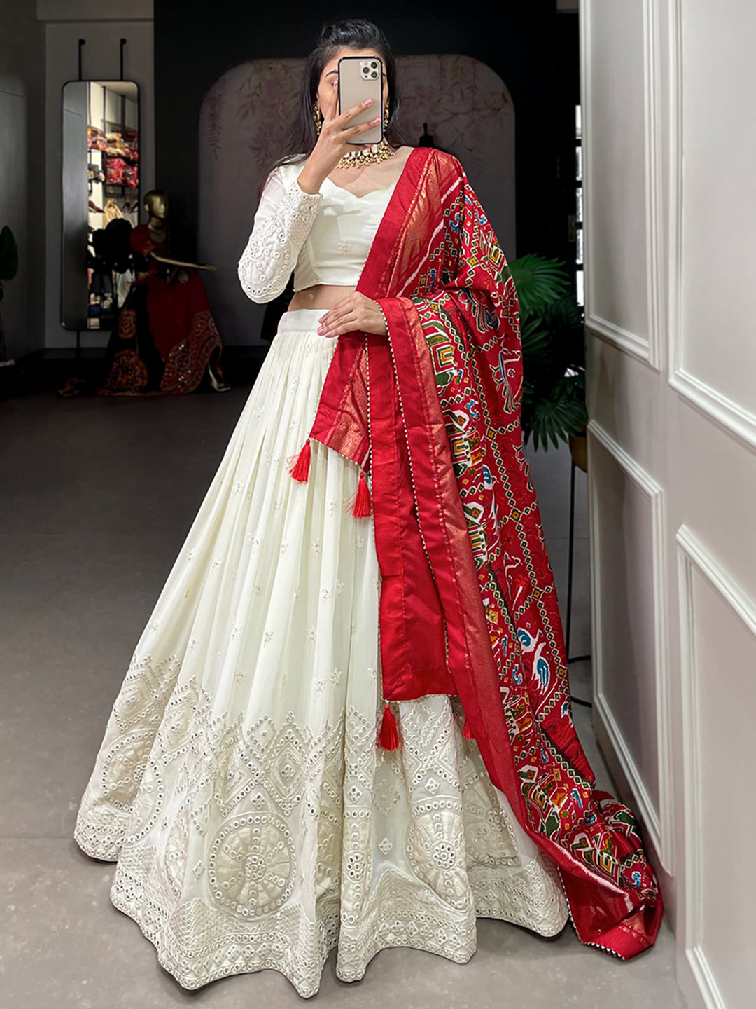 Adorable Off-White Mirror Work Georgette Festival Wear Lehenga Choli