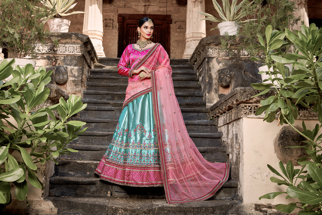 Sky Blue Satin Lehenga Choli | Flared Party Wear for Women in Style.