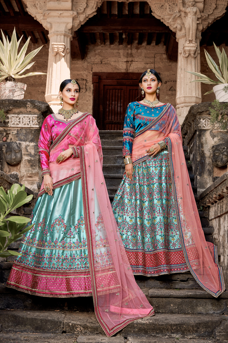 Sky Blue Satin Lehenga Choli | Flared Party Wear for Women in Style.