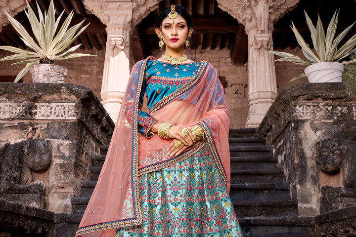 Bridal Sky Blue Lehenga for Wedding | Soft Net Dupatta Included