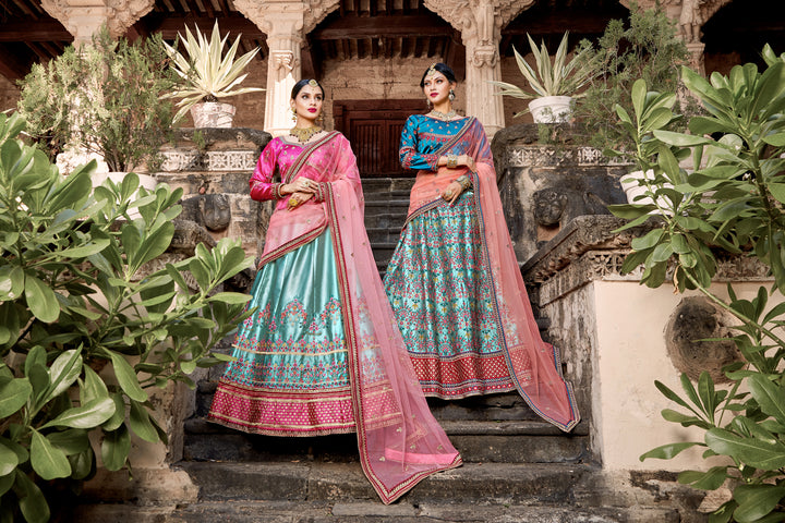 Sky Blue Satin Lehenga Choli | Flared Party Wear for Women in Style.