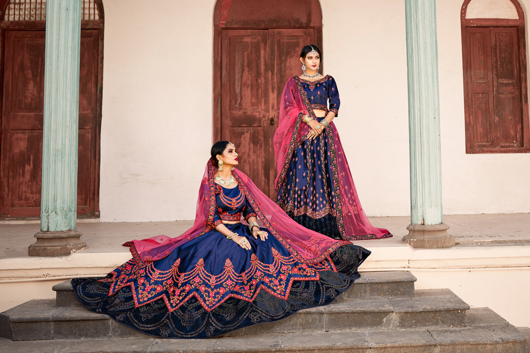 Navy Blue Satin Lehenga Choli | Swarovski & Thread Embellished