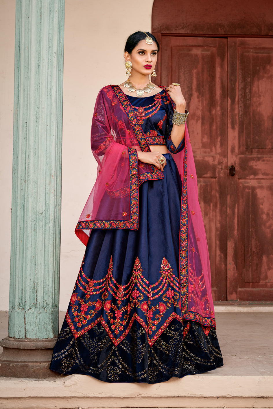 Navy Blue Satin Lehenga Choli | Swarovski & Thread Embellished