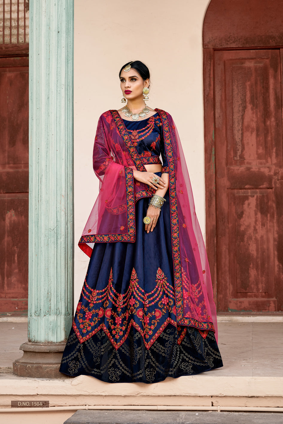 Navy Blue Satin Lehenga Choli | Swarovski & Thread Embellished