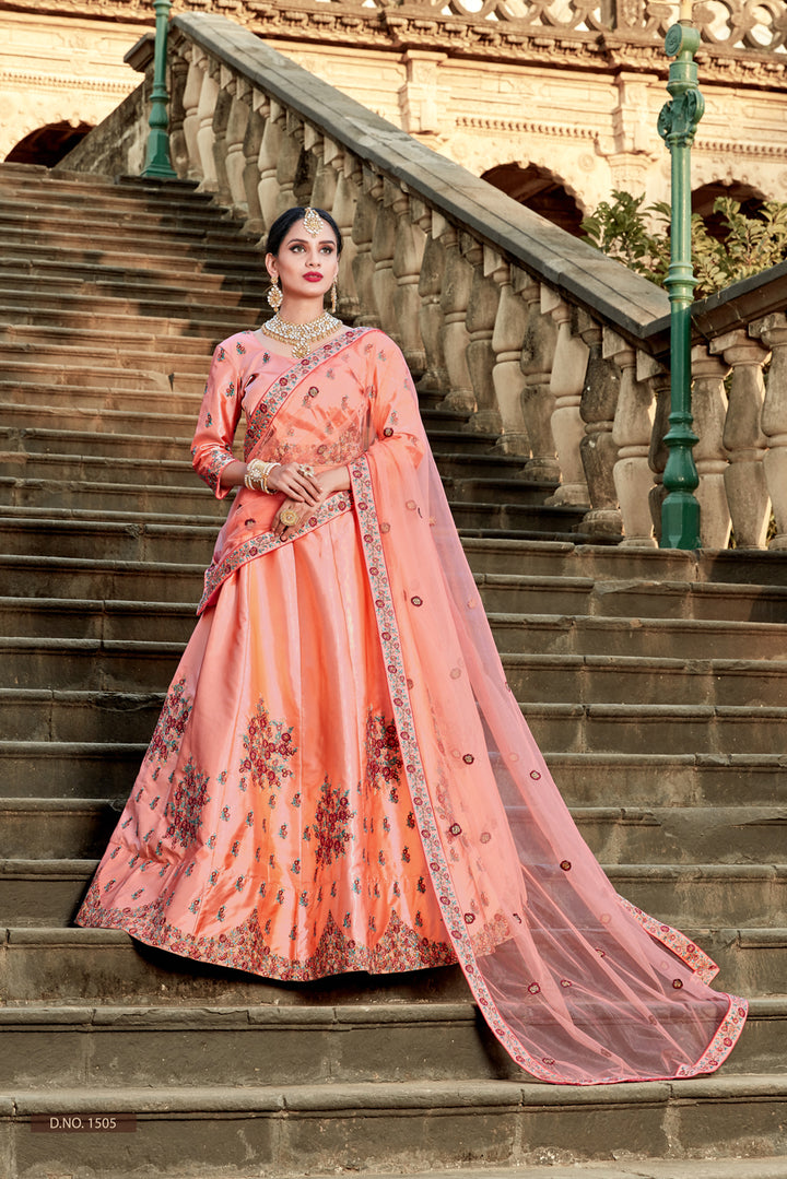 Bridal Peach Lehenga for Women | Satin with Resham Work, Dupatta