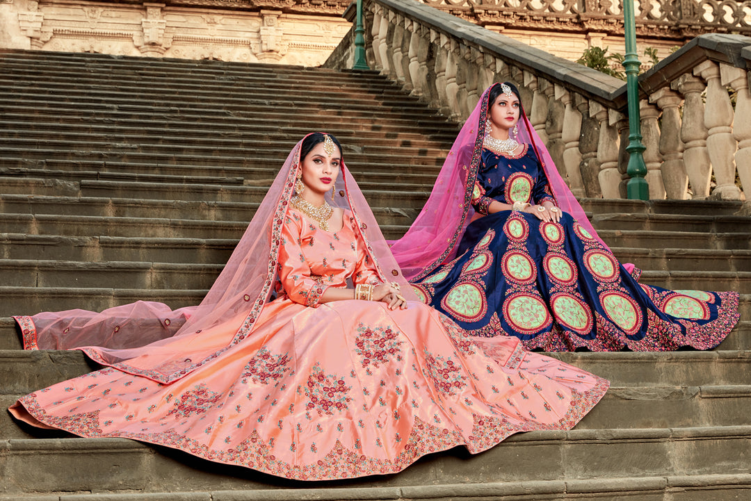 Bridal Peach Lehenga for Women | Satin with Resham Work, Dupatta