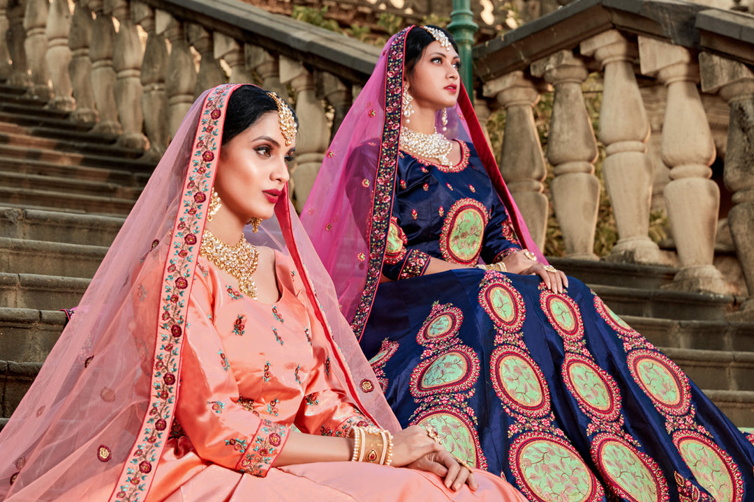 Bridal Peach Lehenga for Women | Satin with Resham Work, Dupatta