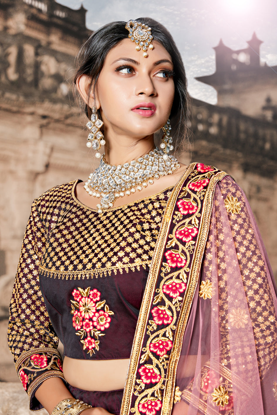 Wine Lehenga Choli | Pure Taffeta with Soft Net, Dori & Sequins