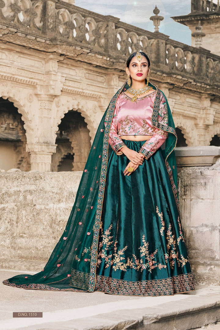 Bottle Green Satin Lehenga Choli | Bridal Lehenga for Wedding & Party