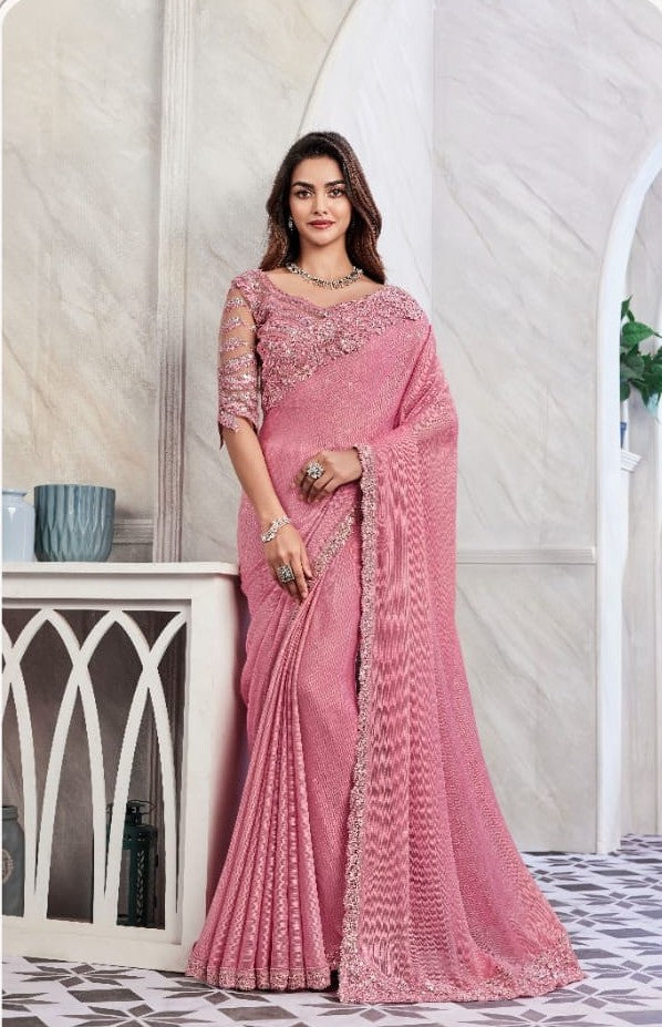 Baby Pink Shimmer Silk Saree | Elegant Indian Sari for Special Occasions