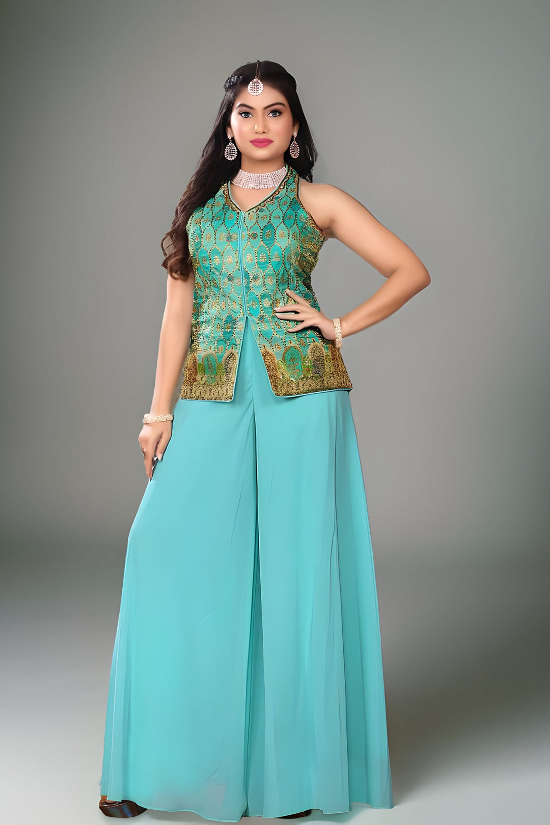 Elegant sea blue garara suit featuring intricate kurti and matching dupatta, perfect for festive occasions.