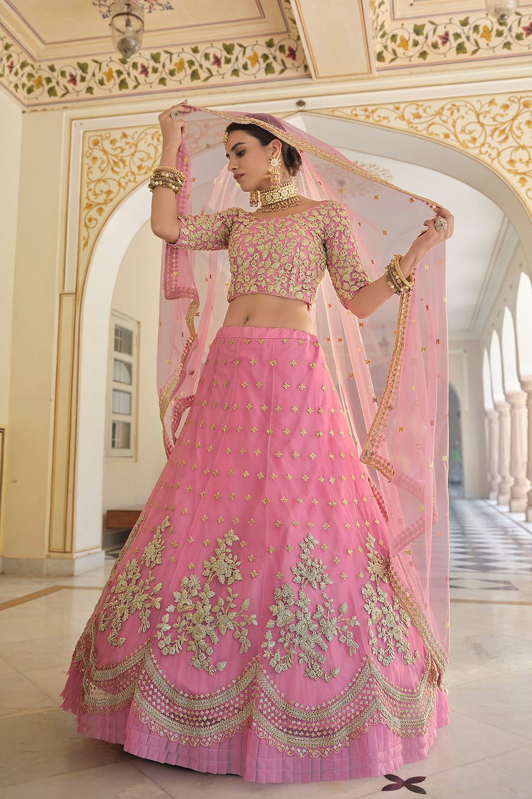 Designer Baby Pink Semi Stitched Lehenga | Soft Net with Blouse for Wedding