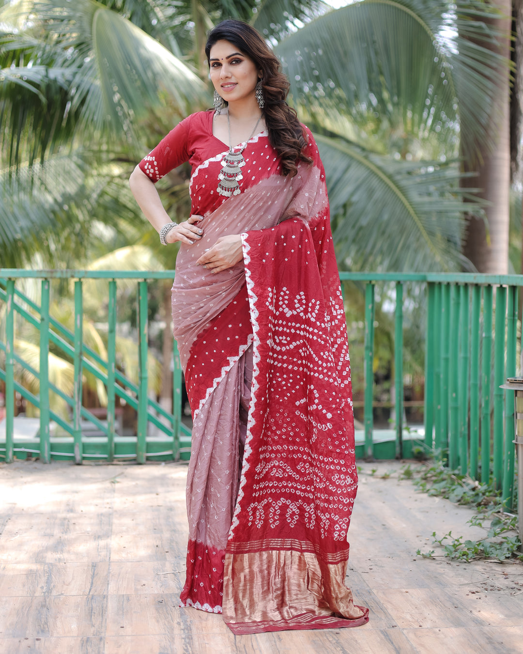 Beautiful Red Bandhej Silk Drapes with Zari Tissue Pallu and blouse piece for upscale USA events.