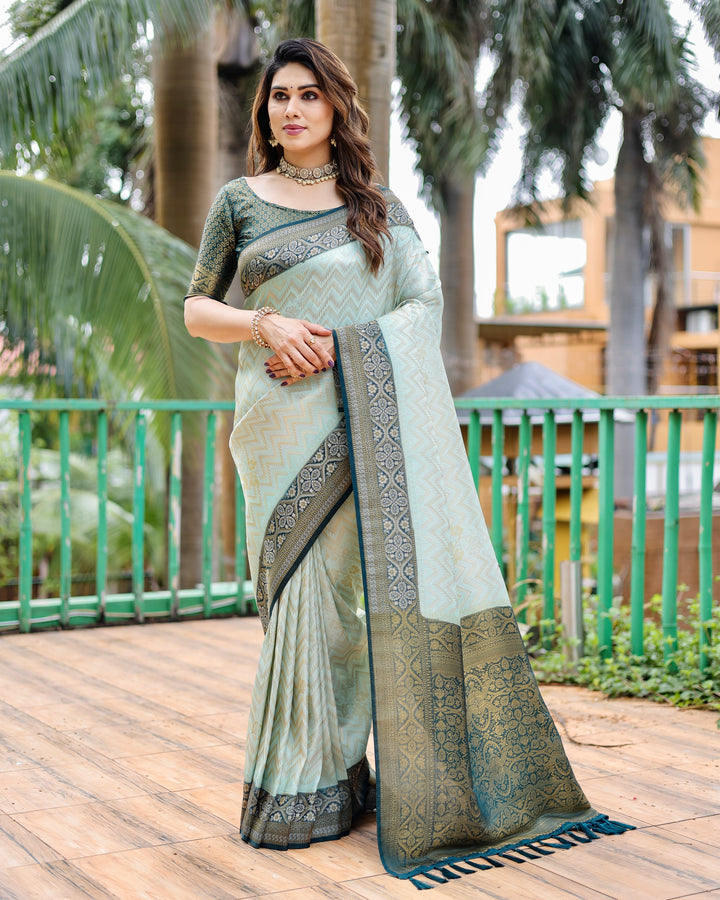 Stunning Light-Mint-Green Kanjivaram Saree with Leheriya design and elegant heavy border for special occasions.