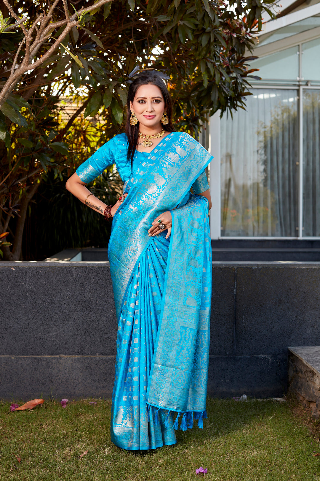 Elegant Sky-Blue Satin Silk Saree with dual weave and luxurious pallu, perfect for bridal wear.