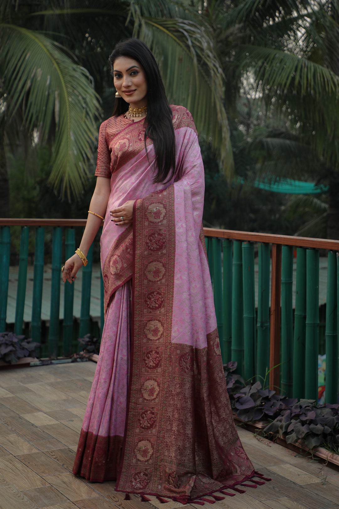 Beautiful lavender silk saree with intricate Kanjivaram work, perfect for adding sophistication to your festive wardrobe.