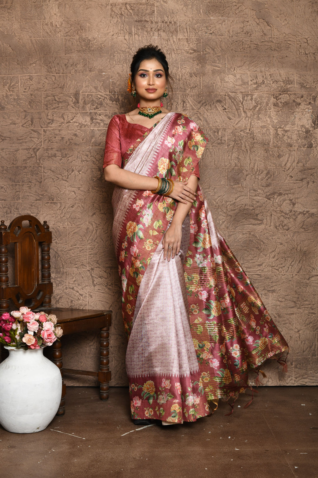 Elegant Tussar silk saree with all-over print and floral contrast border