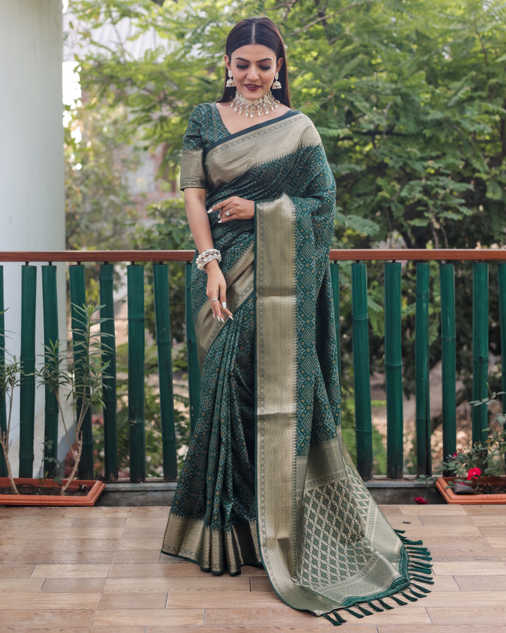 Richly detailed green Bandhej silk saree, reflecting India's heritage and perfect for special celebrations.