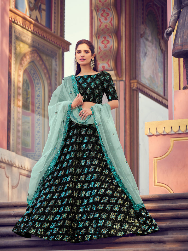 Imported Fur Teal Lehenga Set | Black and Sky Blue Party Wear Ensemble