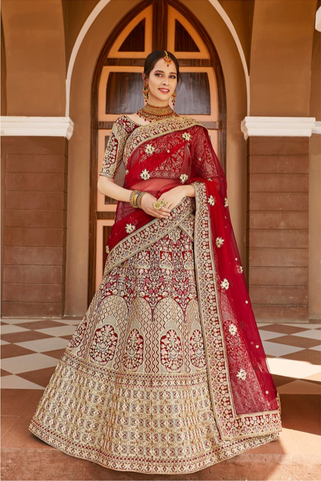 Red Velvet Lehenga Choli | Embroidered Party & Wedding Outfit