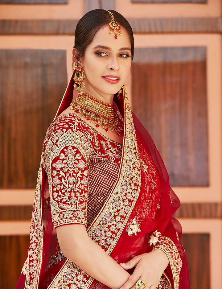 Red Velvet Lehenga Choli | Embroidered Party & Wedding Outfit