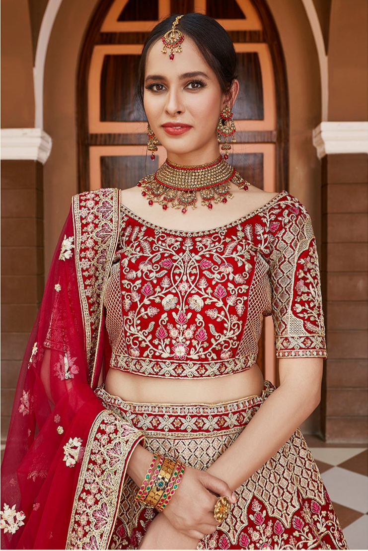 Red Velvet Lehenga Choli | Embroidered Party & Wedding Outfit