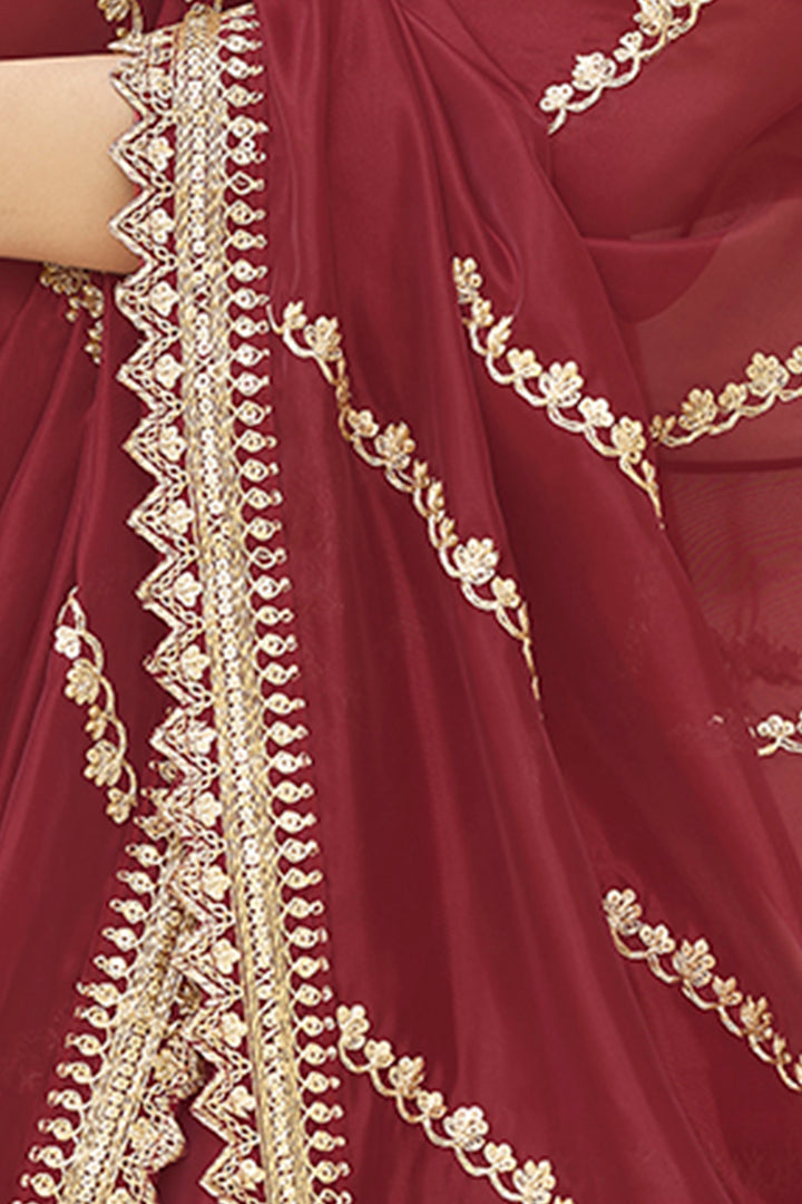 Maroon Embroidered Organza Saree | Traditional Indian Wedding Saree