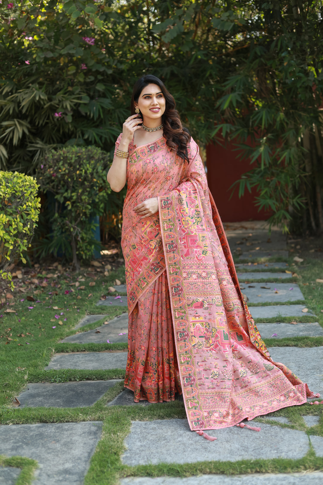 Elegant dark-peach Pashmina cotton saree with detailed double-sided border and grand pallu, perfect for special occasions.