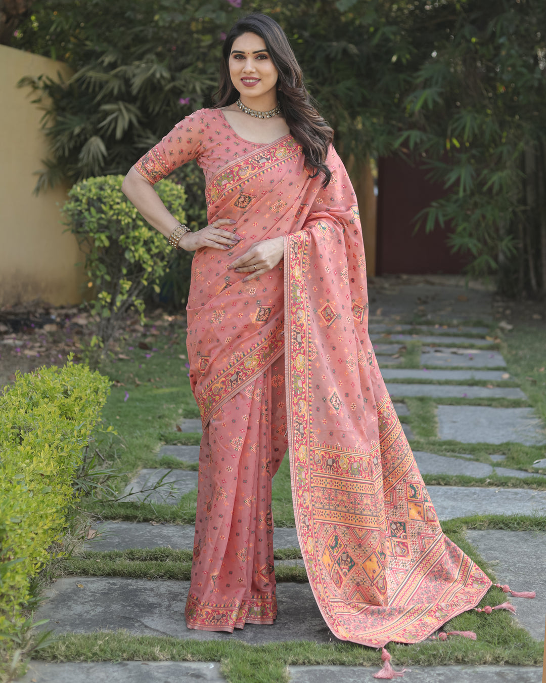 Peach Pashmina Weaving Cotton Saree with grand woven Pallu, offering a luxurious festival look.