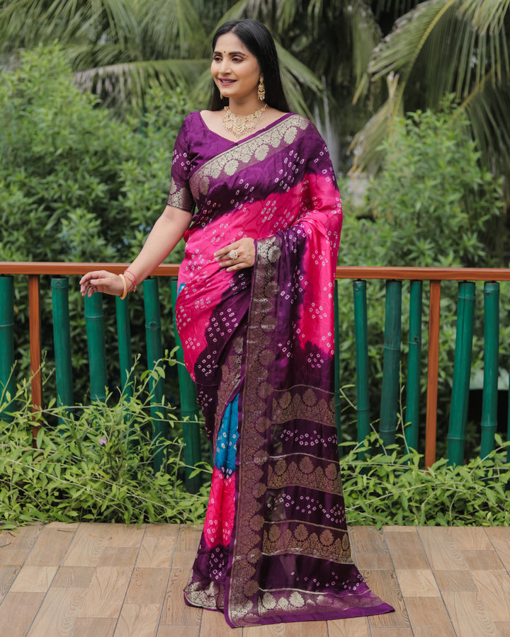 Pink Pure Bandhej Silk Saree with a delicate zari border and richly woven pallu for bridal events.