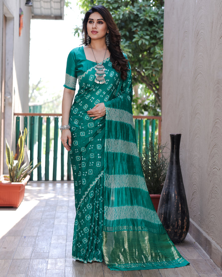 Refresh your wardrobe with a Rama Bandhej silk saree, featuring intricate zari and Sibory motifs, perfect for weddings.