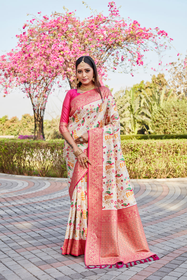 Off-White Radiant Kanjivaram Soft Silk Saree with traditional weaving and modern elegance.