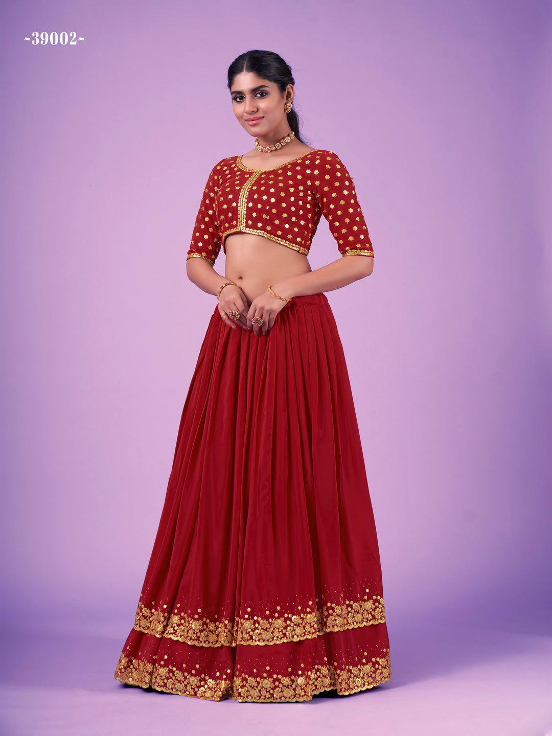 Flared Red Semi-stitched Embroidered Lehenga | Round Neck Blouse