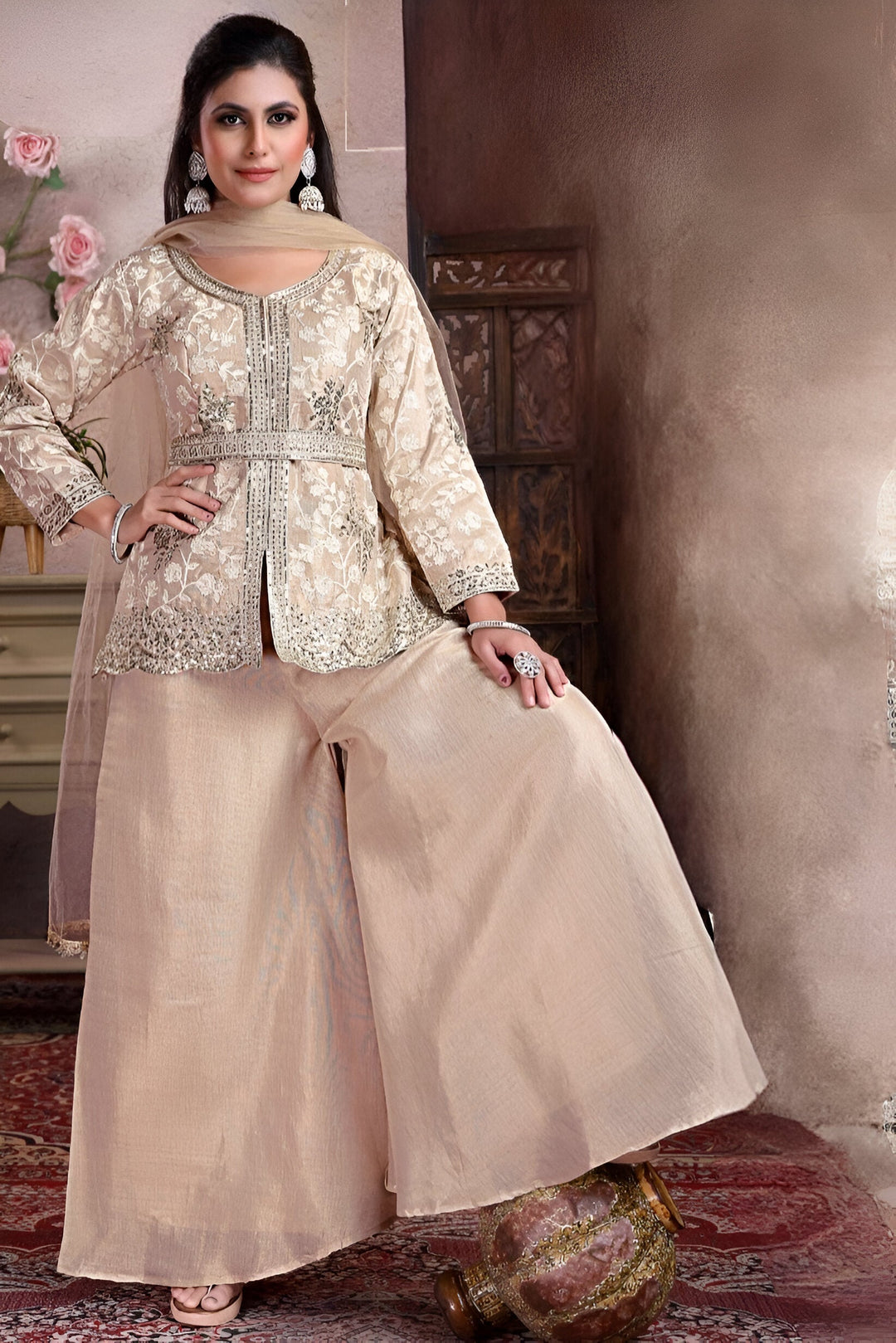 Chic cream palazzo set designed for women’s fashion, ideal for festive events.