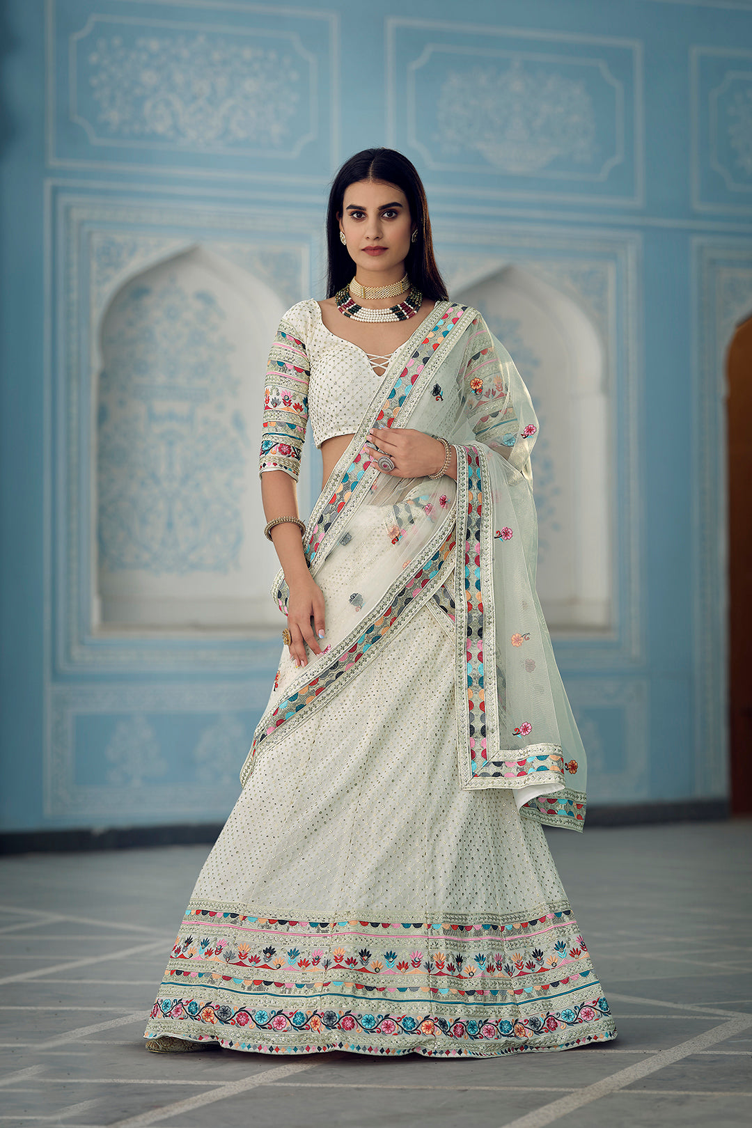 White Embroidered Georgette Semi Stitched Lehenga | Sequins for Wedding