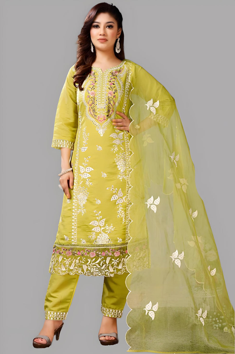 Unique yellow Roman silk kurta pant set for women, perfect for ethnic wear and festive occasions.