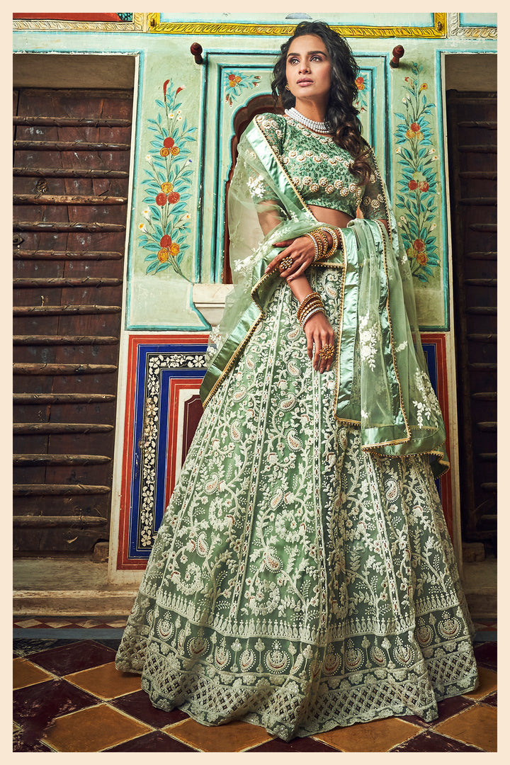 Mint Green Soft Net Lehenga Choli | Bridal Party Wear Outfit