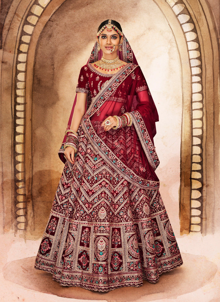 Maroon Velvet Lehenga Set | Soft Net Dupatta with Zari Embroidery