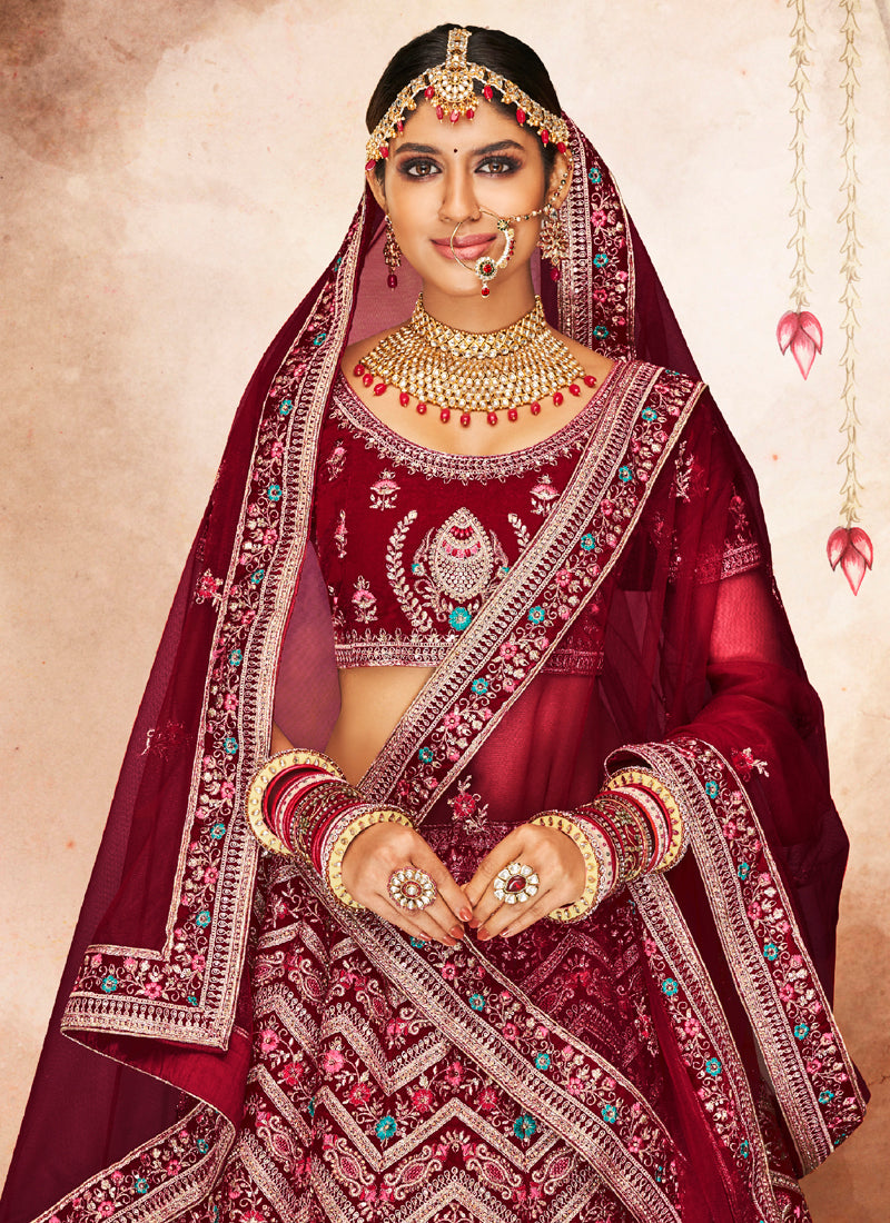 Maroon Velvet Lehenga Set | Soft Net Dupatta with Zari Embroidery