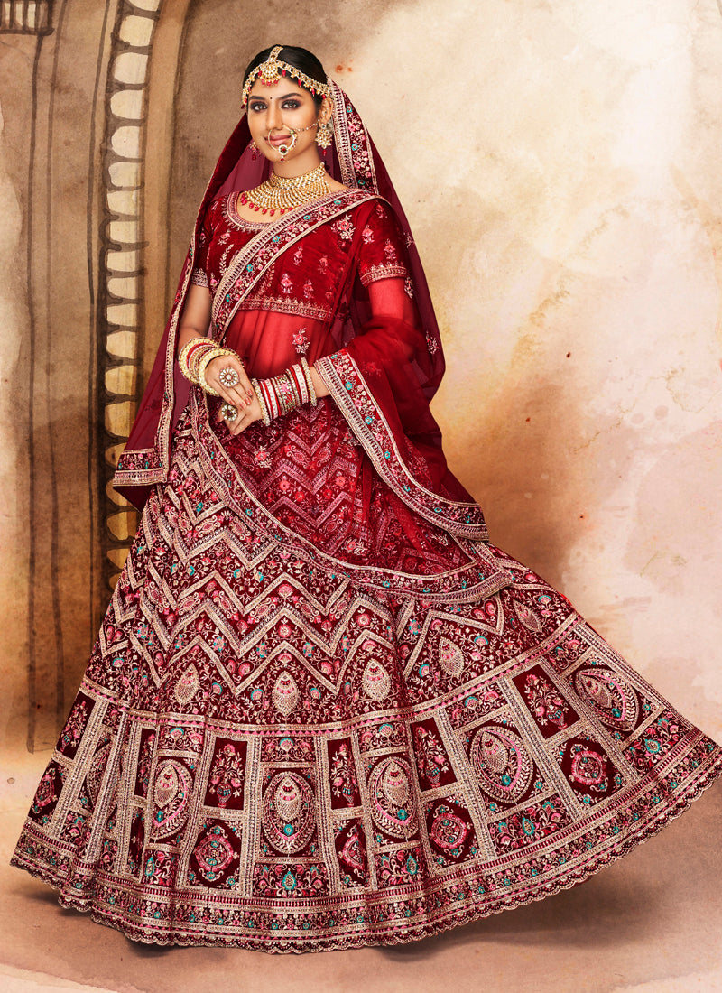 Maroon Velvet Lehenga Set | Soft Net Dupatta with Zari Embroidery