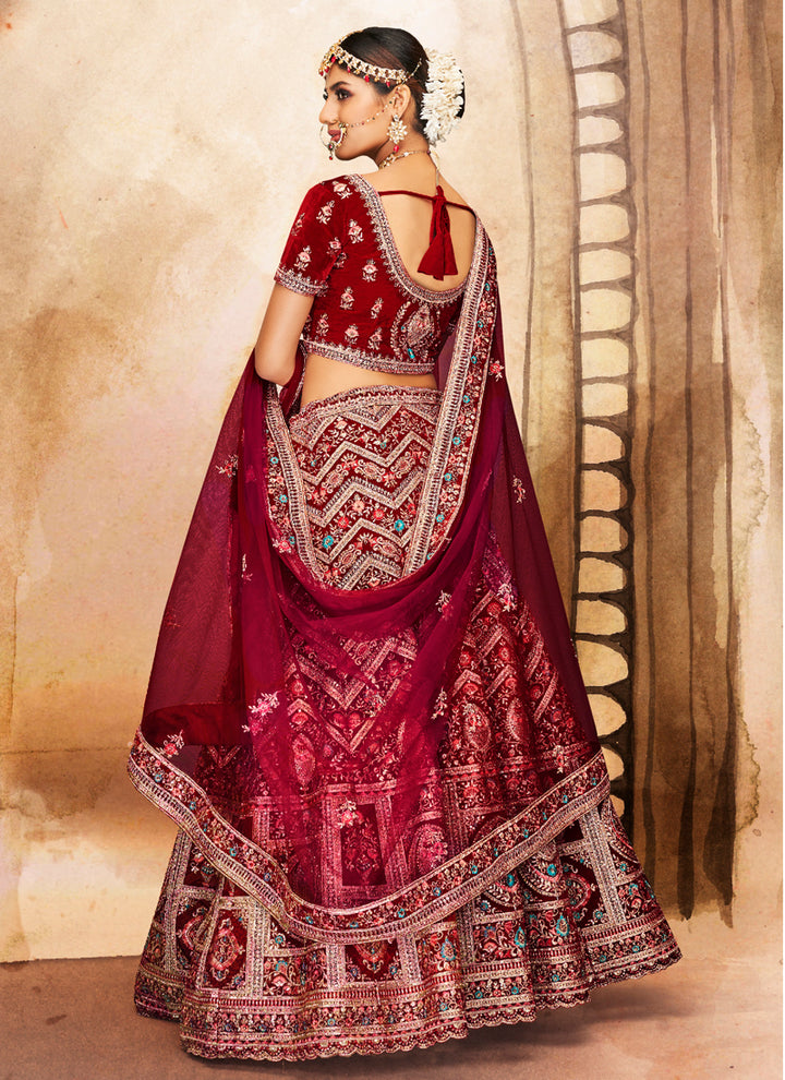 Maroon Velvet Lehenga Set | Soft Net Dupatta with Zari Embroidery