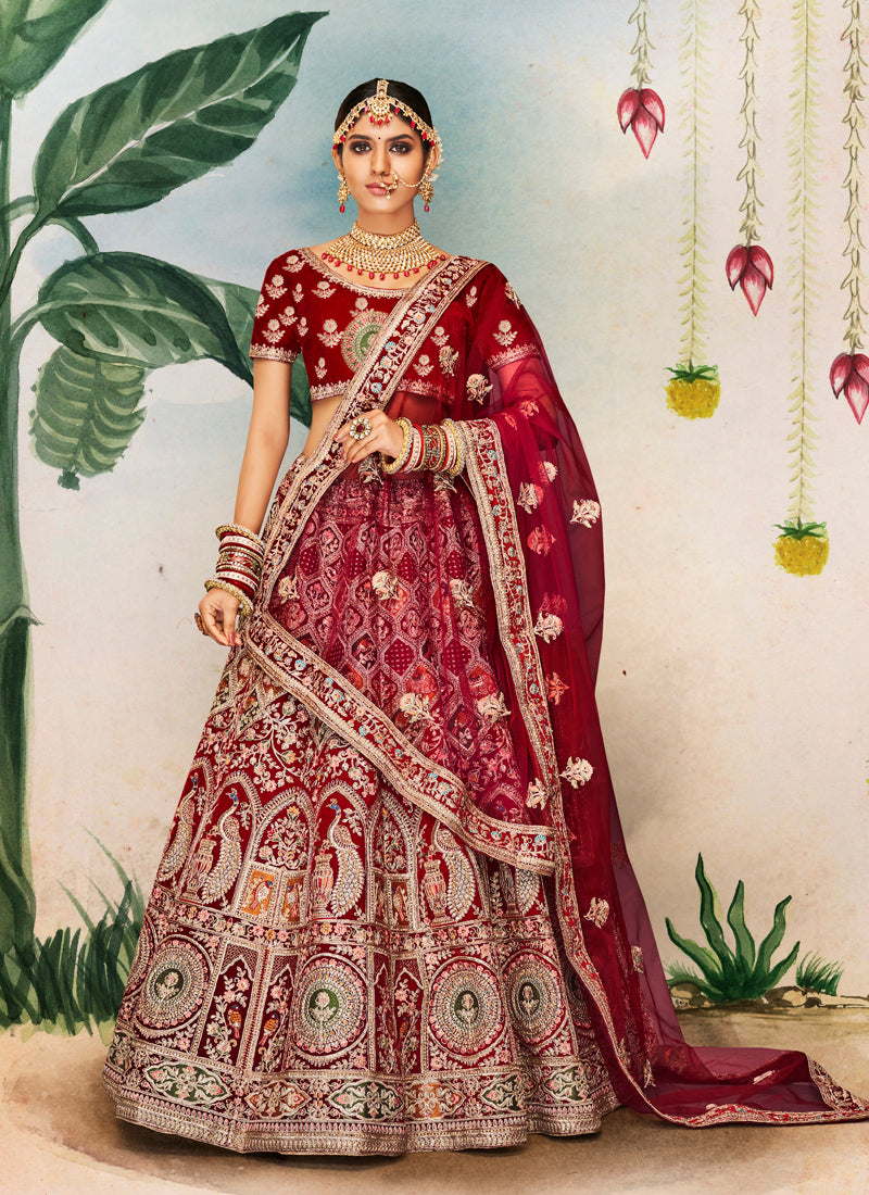 Elegant Maroon Lehenga Set | Velvet Fabric with Sequins Work