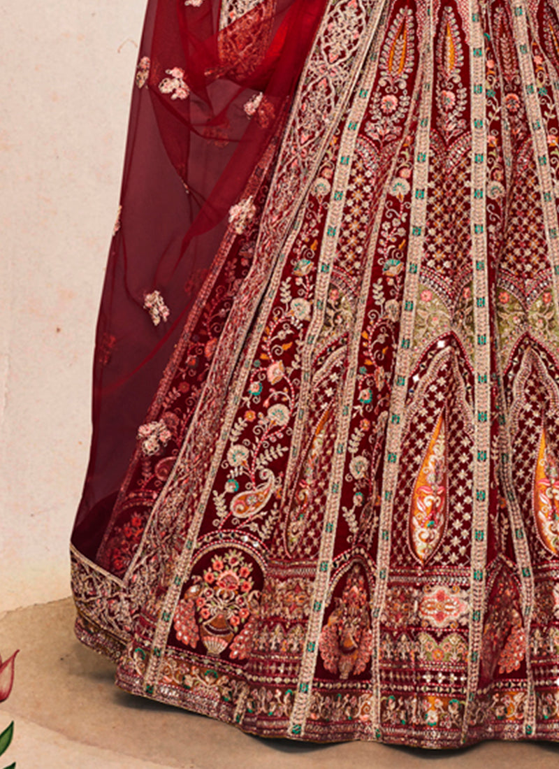 Designer Maroon Lehenga | Velvet Fabric with Dori and Zarkan Work