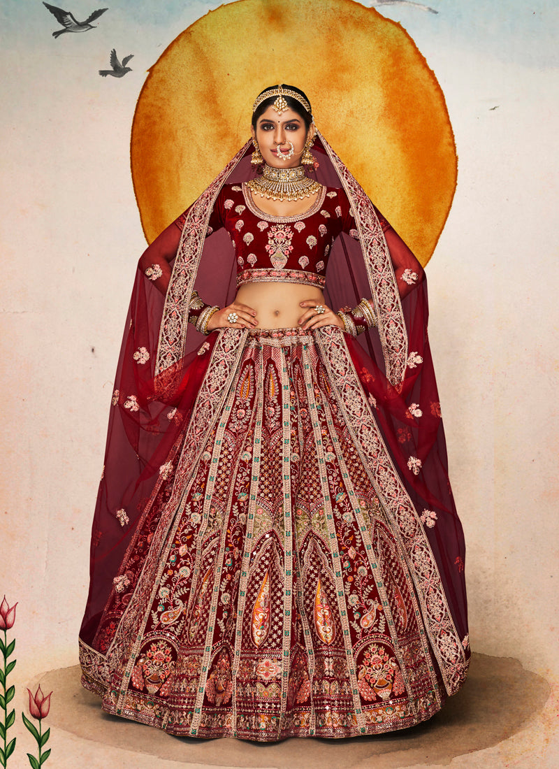 Designer Maroon Lehenga | Velvet Fabric with Dori and Zarkan Work