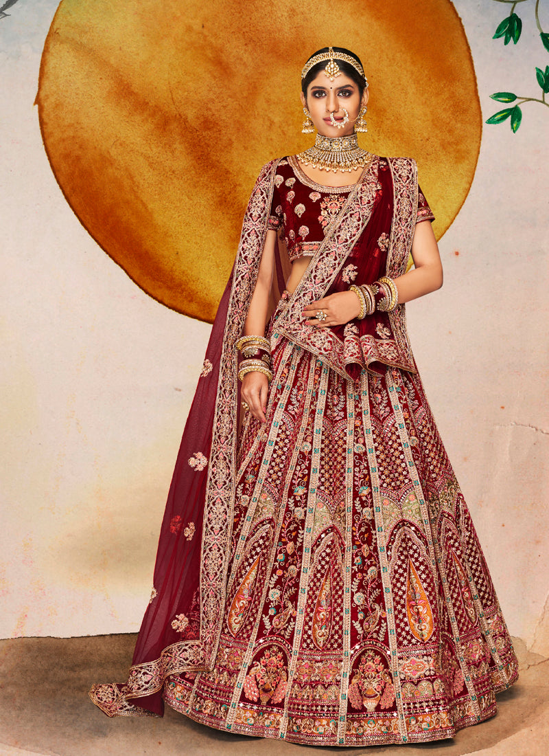 Designer Maroon Lehenga | Velvet Fabric with Dori and Zarkan Work